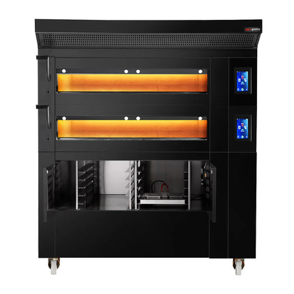 GGM Gastro Electric Commercial Bakery Deck Oven with Steam Injection - Touchscreen Controls - 2 Baking Chambers - Black - with Prover Cabinet & with Hood