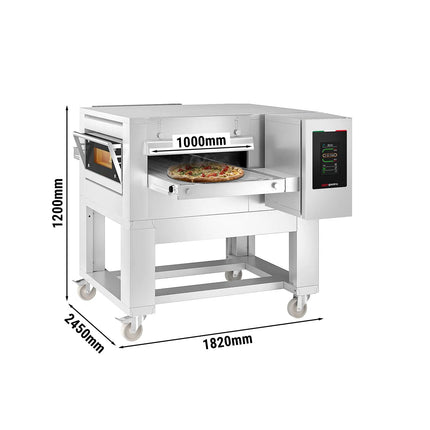 GGM Gastro Electric Conveyor Pizza Oven - 1820x2450mm (182.1 cmx245.1 cm) - Touchscreen Controls - Belt width: 1000mm (100.1 cm) - up to 350°C - incl. Base frame & Wheels - with Reversible belt direction