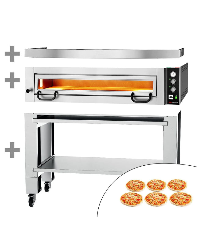 GGM Gastro Electric Deck Pizza Oven - Single Deck - Refractory Stone Deck - 6 x Ø 34cm (34 cm) - 230V 3 Phase - Mechanical Controls - up to 450°C - incl. Hood & Base frame