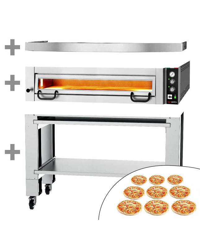 GGM Gastro Electric Deck Pizza Oven - Single Deck - Refractory Stone Deck - 9 x Ø 34cm (34 cm) - 230V 3 Phase - Mechanical Controls - up to 450°C - incl. Hood & Base frame