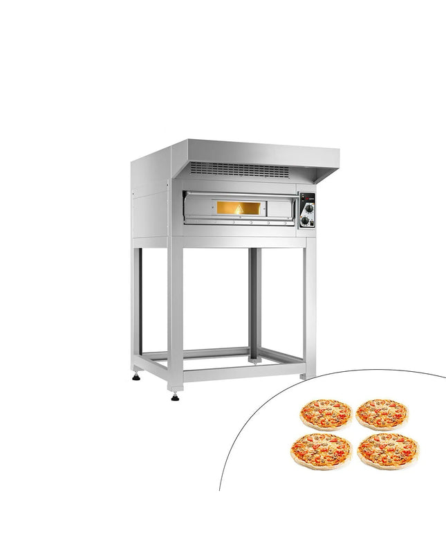 GGM Gastro Electric Deck Pizza Oven - Single Deck - Refractory Stone Deck - 4 x Ø 35cm (35.1 cm) - Mechanical Controls - up to 400°C - incl. Stainless steel hood & Base frame