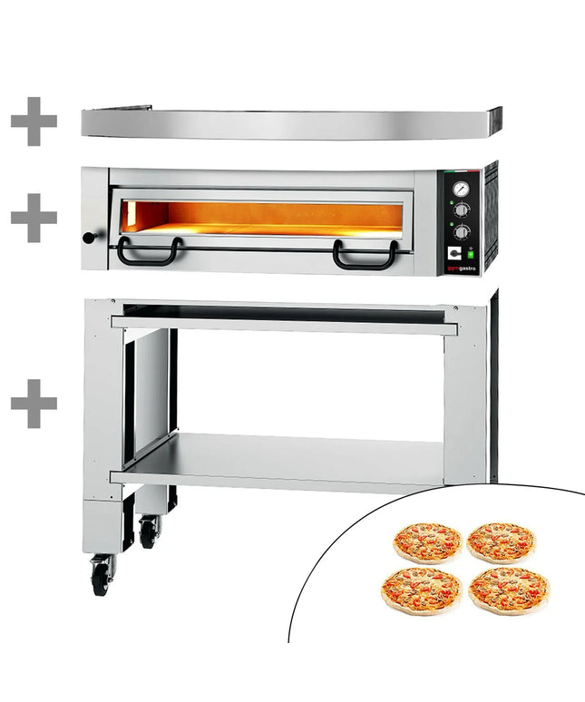 GGM Gastro Electric Deck Pizza Oven - Single Deck - Refractory Stone Deck - 4 x Ø 34cm (33 cm) - Mechanical Controls - up to 450°C - incl. Hood & Base frame