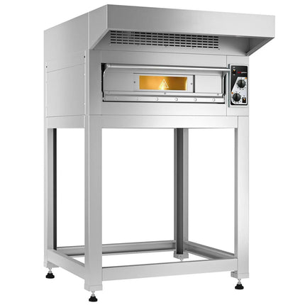 GGM Gastro Electric Deck Pizza Oven - Single Deck - Refractory Stone Deck - 4 x Ø 35cm (35.1 cm) - Mechanical Controls - up to 400°C - incl. Stainless steel hood & Base frame