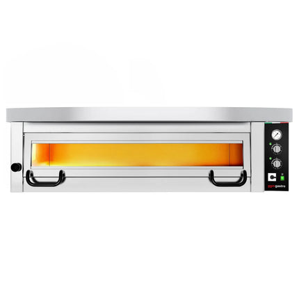 GGM Gastro Electric Deck Pizza Oven - Single Deck - Refractory Stone Deck - 9 x Ø 34cm (34 cm) - 230V 3 Phase - Mechanical Controls - up to 450°C - incl. Hood & Base frame