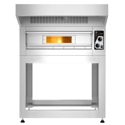 GGM Gastro Electric Deck Pizza Oven - Single Deck - Refractory Stone Deck - 4 x Ø 35cm (35.1 cm) - Mechanical Controls - up to 400°C - incl. Stainless steel hood & Base frame