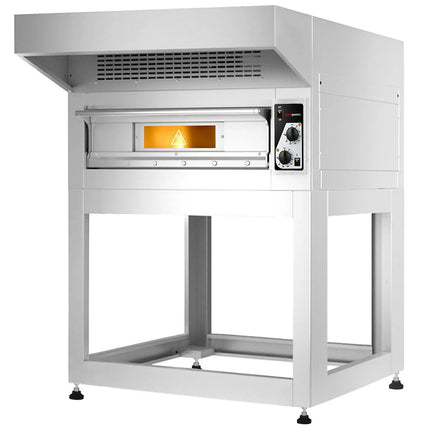 GGM Gastro Electric Deck Pizza Oven - Single Deck - Refractory Stone Deck - 4 x Ø 35cm (35.1 cm) - Mechanical Controls - up to 400°C - incl. Stainless steel hood & Base frame