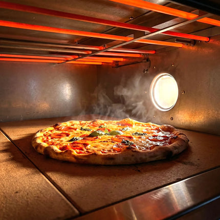 GGM Gastro Electric Deck Pizza Oven - Single Deck - Refractory Stone Deck - 4 x Ø 35cm (35.1 cm) - Mechanical Controls - up to 400°C - incl. Stainless steel hood & Base frame