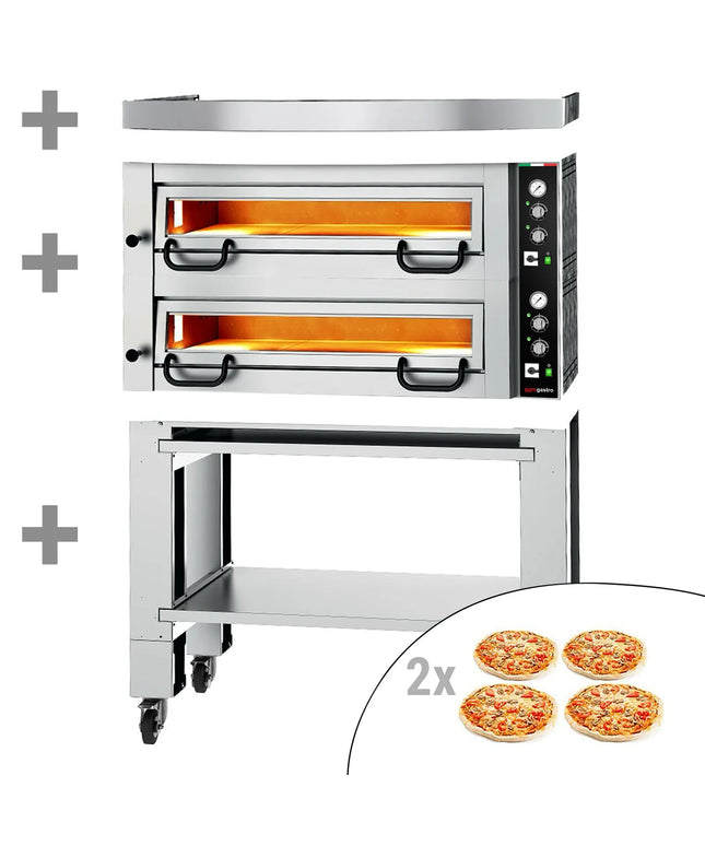 GGM Gastro Electric Deck Pizza Oven - Twin Deck - Refractory Stone Deck - 4+4 x Ø 34cm (34 cm) - 230V 3 Phase - Mechanical Controls - up to 450°C - incl. Hood & Base frame