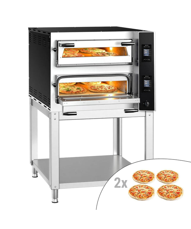 GGM Gastro Electric Deck Pizza Oven - Twin Deck - Refractory Stone Deck - 4+4 - Ø 35cm (35.1 cm) - 230V 3 Phase - Touchscreen Controls - up to 400°C - incl. Base frame