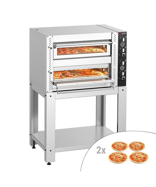 GGM Gastro Electric Deck Pizza Oven - Twin Deck - Refractory Stone Deck - 4+4 x Ø 34cm (34 cm) - 230V 3 Phase - Mechanical Controls - up to 450°C - incl. Base frame