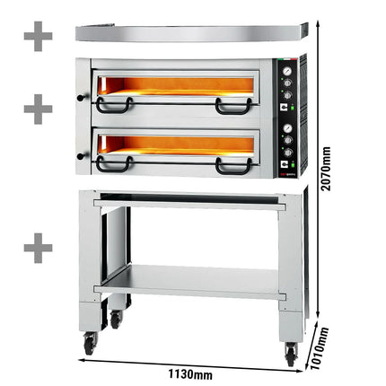 GGM Gastro Electric Deck Pizza Oven - Twin Deck - Refractory Stone Deck - 4+4 x Ø 34cm (34 cm) - 230V 3 Phase - Mechanical Controls - up to 450°C - incl. Hood & Base frame