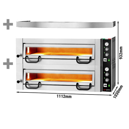GGM Gastro Electric Deck Pizza Oven - Twin Deck - Refractory Stone Deck - 4+4 x Ø 34cm (34 cm) - 230V 3 Phase - Mechanical Controls - up to 450°C - incl. Hood