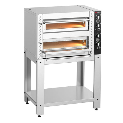 GGM Gastro Electric Deck Pizza Oven - Twin Deck - Refractory Stone Deck - 4+4 x Ø 34cm (34 cm) - 230V 3 Phase - Mechanical Controls - up to 450°C - incl. Base frame