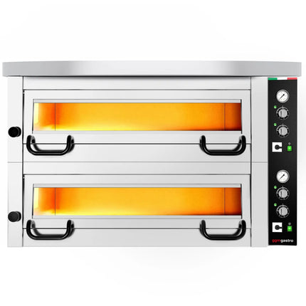 GGM Gastro Electric Deck Pizza Oven - Twin Deck - Refractory Stone Deck - 4+4 x Ø 34cm (34 cm) - 230V 3 Phase - Mechanical Controls - up to 450°C - incl. Hood
