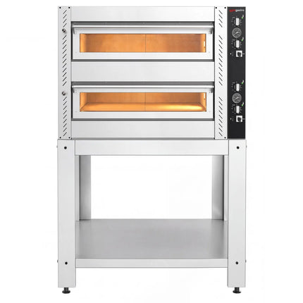 GGM Gastro Electric Deck Pizza Oven - Twin Deck - Refractory Stone Deck - 4+4 x Ø 34cm (34 cm) - 230V 3 Phase - Mechanical Controls - up to 450°C - incl. Base frame