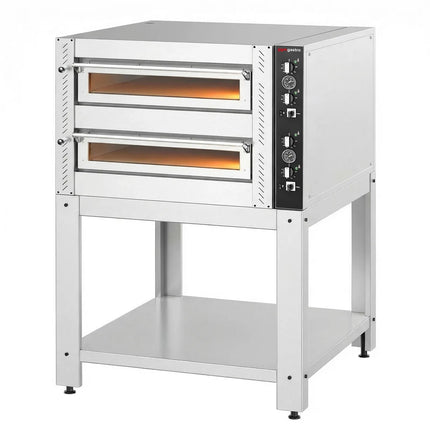 GGM Gastro Electric Deck Pizza Oven - Twin Deck - Refractory Stone Deck - 4+4 x Ø 34cm (34 cm) - 230V 3 Phase - Mechanical Controls - up to 450°C - incl. Base frame