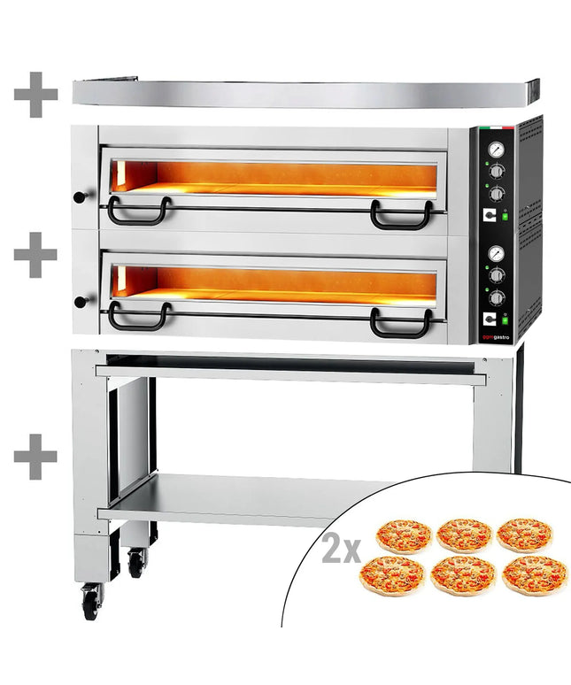 GGM Gastro Electric Deck Pizza Oven - Twin Deck - Refractory Stone Deck - 6+6 - Ø 34cm (34 cm) - 230V 3 Phase - Mechanical Controls - up to 450°C - incl. Hood & Base frame