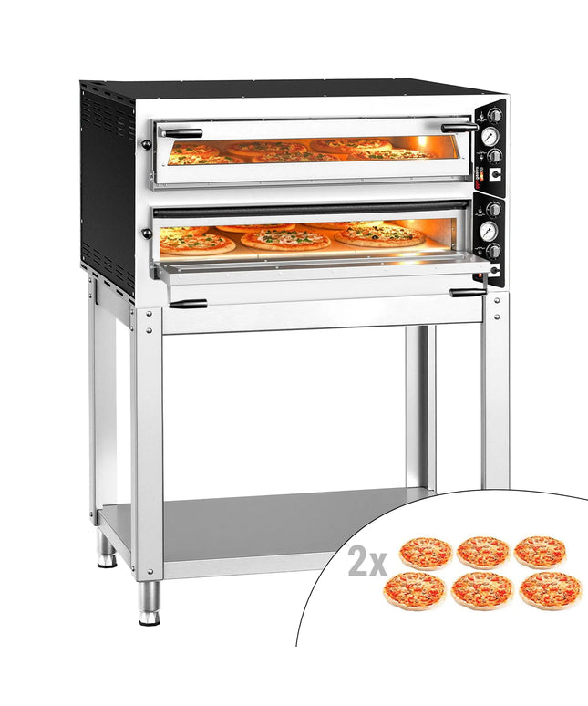 GGM Gastro Electric Deck Pizza Oven - Twin Deck - Refractory Stone Deck - 6+6 - Ø 35cm (35.1 cm) - 230V 3 Phase - Mechanical Controls - up to 450°C - incl. Base frame