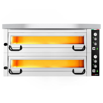 GGM Gastro Electric Deck Pizza Oven - Twin Deck - Refractory Stone Deck - 6+6 x Ø 34cm (34 cm) - 230V 3 Phase - Mechanical Controls - up to 450°C - incl. Hood
