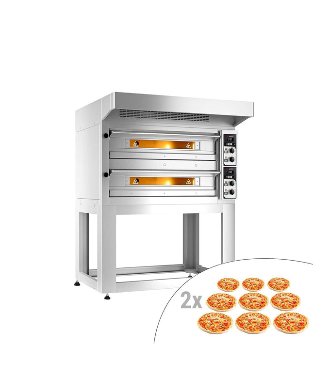 GGM Gastro Electric Deck Pizza Oven - Twin Deck - Refractory Stone Deck - 9+9 - Ø 33cm (33 cm) - Mechanical Controls - incl. Stainless steel hood & Base frame