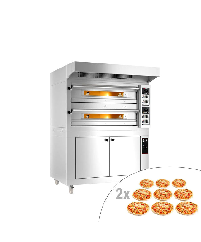 GGM Gastro Electric Deck Pizza Oven - Twin Deck - Refractory Stone Deck - 9+9 x Ø 33cm (33 cm) - Mechanical Controls - incl. Stainless steel hood & Proofing cabinet