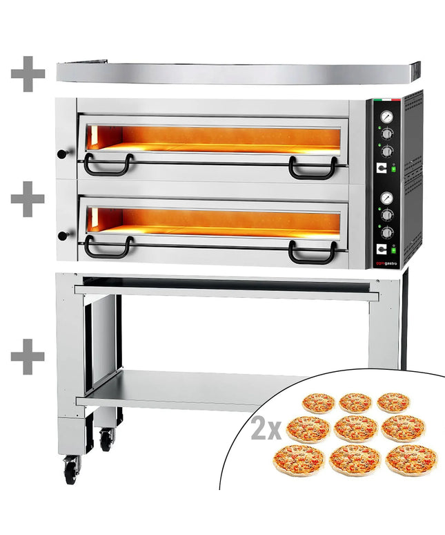 GGM Gastro Electric Deck Pizza Oven - Twin Deck - Refractory Stone Deck - 9+9 x Ø 34cm (34 cm) - 230V 3 Phase - Mechanical Controls - up to 450°C - incl. Hood & Base frame