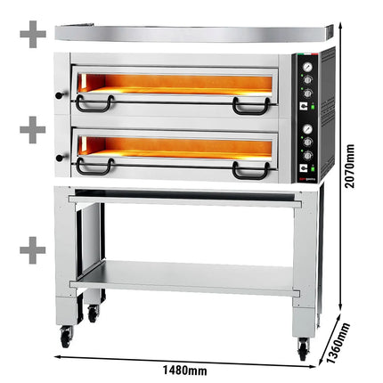 GGM Gastro Electric Deck Pizza Oven - Twin Deck - Refractory Stone Deck - 9+9 x Ø 34cm (34 cm) - 230V 3 Phase - Mechanical Controls - up to 450°C - incl. Hood & Base frame