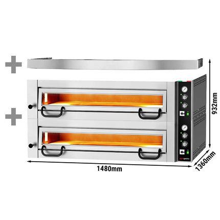GGM Gastro Electric Deck Pizza Oven - Twin Deck - Refractory Stone Deck - 9+9 x Ø 34cm (34 cm) - 230V 3 Phase - Mechanical Controls - up to 450°C - incl. Hood