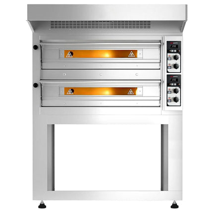 GGM Gastro Electric Deck Pizza Oven - Twin Deck - Refractory Stone Deck - 9+9 - Ø 33cm (33 cm) - Mechanical Controls - incl. Stainless steel hood & Base frame