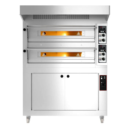 GGM Gastro Electric Deck Pizza Oven - Twin Deck - Refractory Stone Deck - 9+9 x Ø 33cm (33 cm) - Mechanical Controls - incl. Stainless steel hood & Proofing cabinet