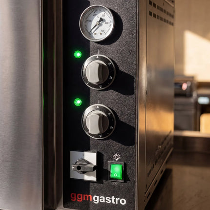 GGM Gastro Electric Deck Pizza Oven - Twin Deck - Refractory Stone Deck - 9+9 x Ø 34cm (34 cm) - 230V 3 Phase - Mechanical Controls - up to 450°C - incl. Hood & Base frame
