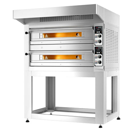 GGM Gastro Electric Deck Pizza Oven - Twin Deck - Refractory Stone Deck - 9+9 - Ø 33cm (33 cm) - Mechanical Controls - incl. Stainless steel hood & Base frame