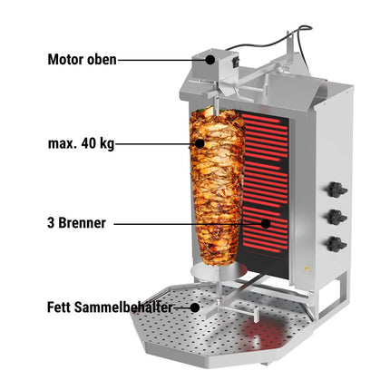 GGM Gastro Electric Doner Kebab Grill (Shawarma/Gyros) - 3 Burner - up to 40kg - 5.4kW - incl. 2 double doors & drip tray