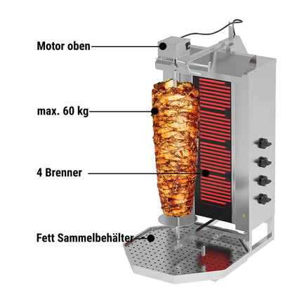 GGM Gastro Electric Doner Kebab Grill (Shawarma/Gyros) - 4 Burner - up to 60kg - 7.2kW - incl. 2 double doors & drip tray
