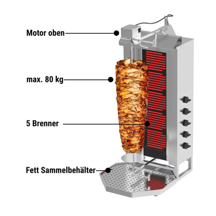 GGM Gastro Electric Doner Kebab Grill (Shawarma/Gyros) - 5 Burner - up to 80kg - 9kW - incl. 2 double doors & drip tray