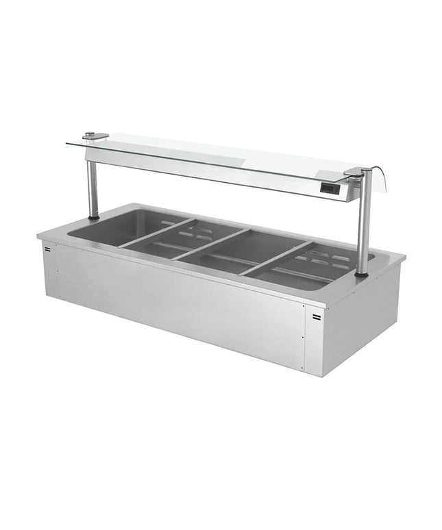 GGM Gastro Electric Drop-in Bain Marie - 1500mm - 4x GN 1/1 - 200mm deep - Wet Heat - 2,92 kW - with Glass Sneeze Guard