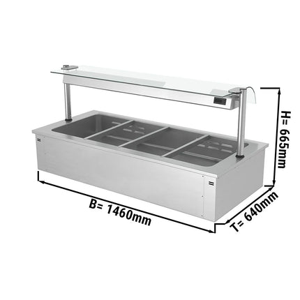 GGM Gastro Electric Drop-in Bain Marie - 1500mm - 4x GN 1/1 - 200mm deep - Wet Heat - 2,92 kW - with Glass Sneeze Guard
