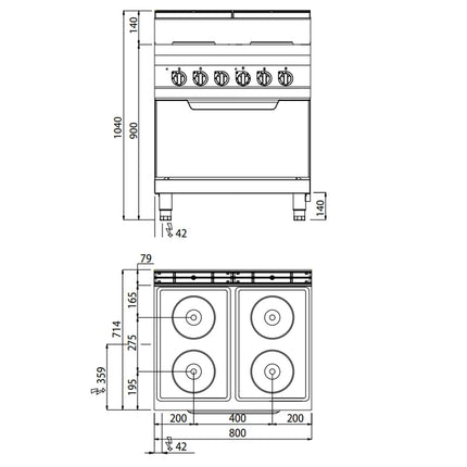 GGM Gastro Electric Oven Range - 17.9kW - 4 plates - with Electric Oven Static Oven - 7.5kW
