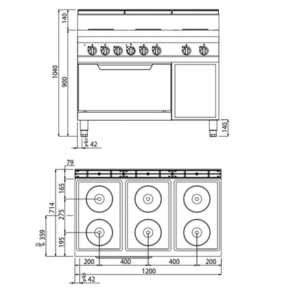 GGM Gastro Electric Oven Range - 23.1kW - 6 plates - with Electric Oven Static Oven - 7.5kW