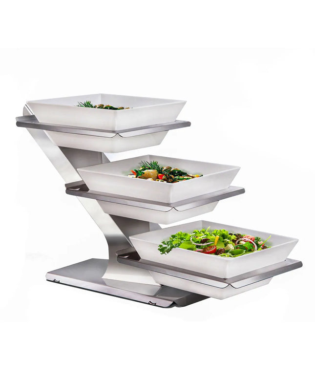 GGM Gastro Etagere / Buffet Stand - 3-piece set - Stainless steel - Chrome high-gloss - square - Height: 480mm - incl. 3 Melamine bowls 300x300mm - with 3 shelves