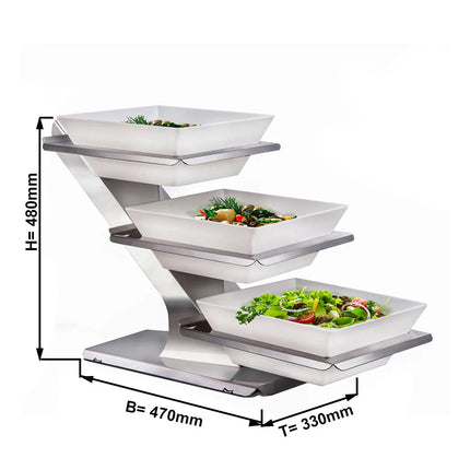 GGM Gastro Etagere / Buffet Stand - 3-piece set - Stainless steel - Chrome high-gloss - square - Height: 480mm - incl. 3 Melamine bowls 300x300mm - with 3 shelves
