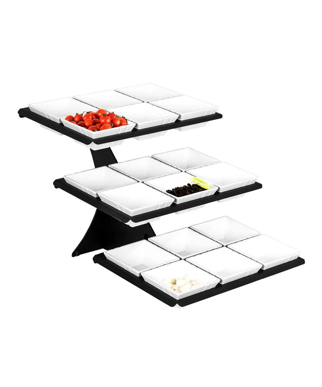 GGM Gastro Etagere / Buffet Stand - Black - Height: 412mm - incl. 18 Melamine bowls 140x140mm - with 3 shelves - square - Powder-coated stainless steel & melamine