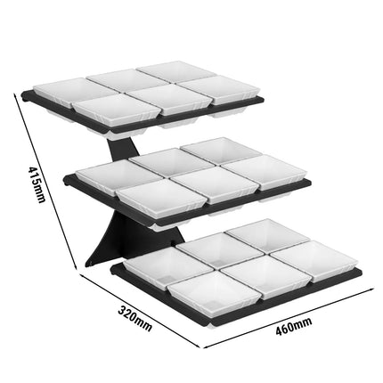 GGM Gastro Etagere / Buffet Stand - Black - Height: 412mm - incl. 18 Melamine bowls 140x140mm - with 3 shelves - square - Powder-coated stainless steel & melamine