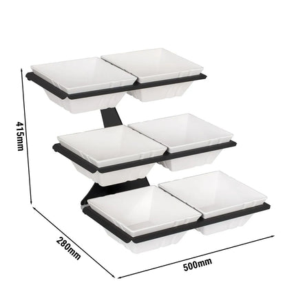 GGM Gastro Etagere / Buffet Stand - Black - square - Height: 415mm - incl. 6 Melamine bowls 498x240mm - with 3 shelves - Powder-coated stainless steel frame & Melamine bowls