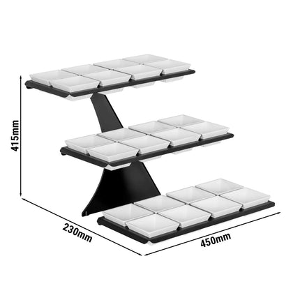 GGM Gastro Etagere / Buffet Stand - Black - square - Height: 420mm - incl. 24 Melamine bowls 100x100mm - with 3 shelves - Powder-coated stainless steel & Melamine