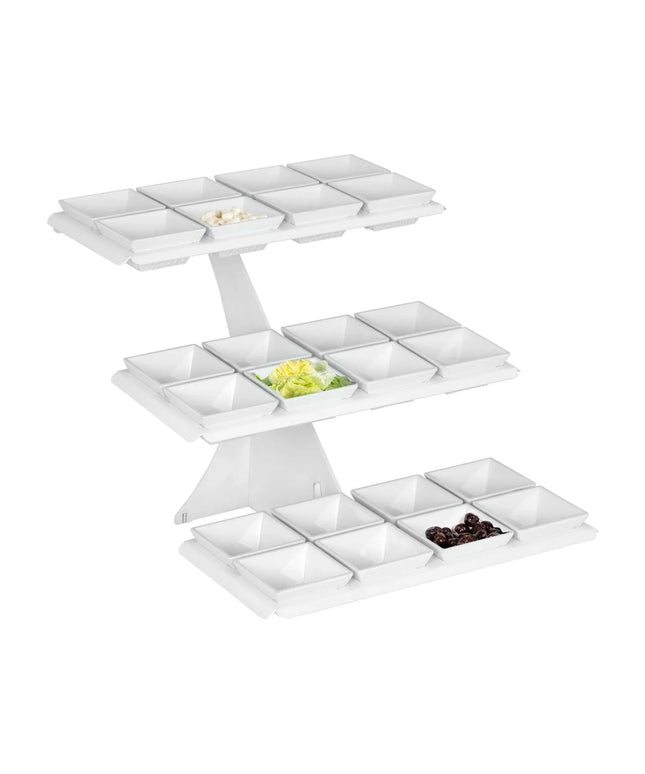 GGM Gastro Etagere / Buffet Stand - Powder-coated stainless steel & melamine - White - square - Height: 420mm - incl. 24 Melamine bowls 100x100mm - with 3 shelves