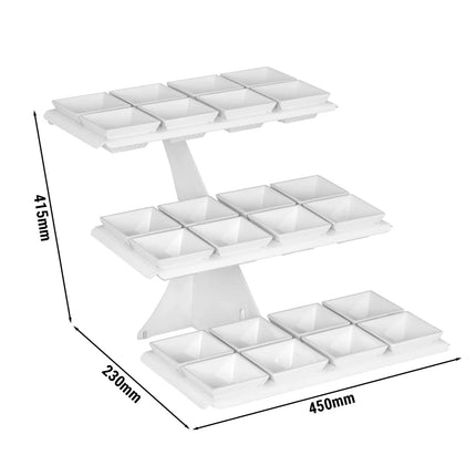 GGM Gastro Etagere / Buffet Stand - Powder-coated stainless steel & melamine - White - square - Height: 420mm - incl. 24 Melamine bowls 100x100mm - with 3 shelves
