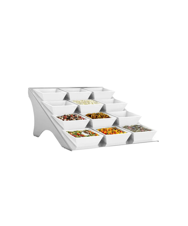 GGM Gastro Etagere / Buffet Stand - Stainless steel frame - Chrome - square - Height: 150mm - incl. 12 Melamine bowls 90x90mm - with 12 shelves - suitable for square bowls