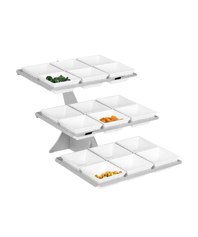 GGM Gastro Etagere / Buffet Stand - Stainless steel frame - Chrome - square - Height: 412mm - incl. 18 Melamine bowls 140x140mm - with 3 shelves