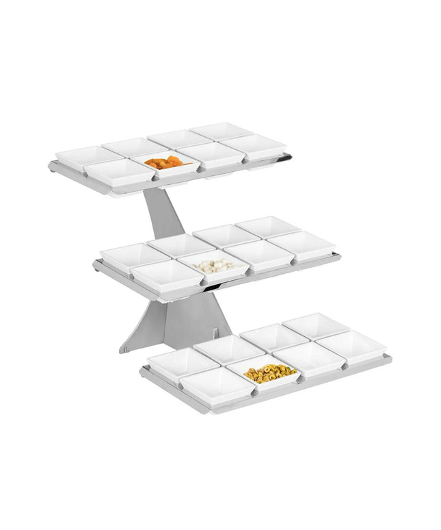 GGM Gastro Etagere / Buffet Stand - Stainless steel frame - Chrome - square - Height: 420mm - incl. 24 Melamine bowls 100x100mm - with 3 shelves